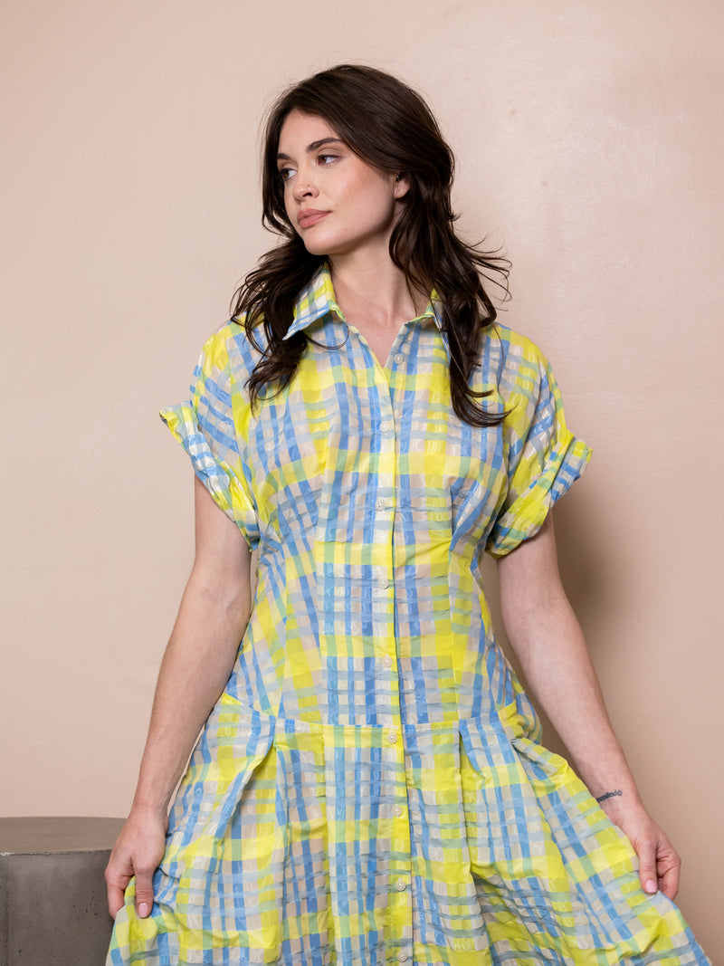 Woman wearing green and blue checkered dress and against pink background.