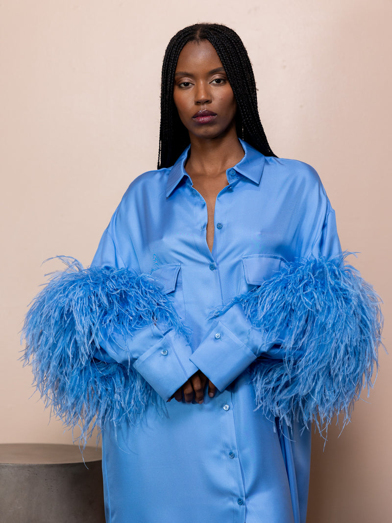 Silky Button Down With Ostrich Feathers