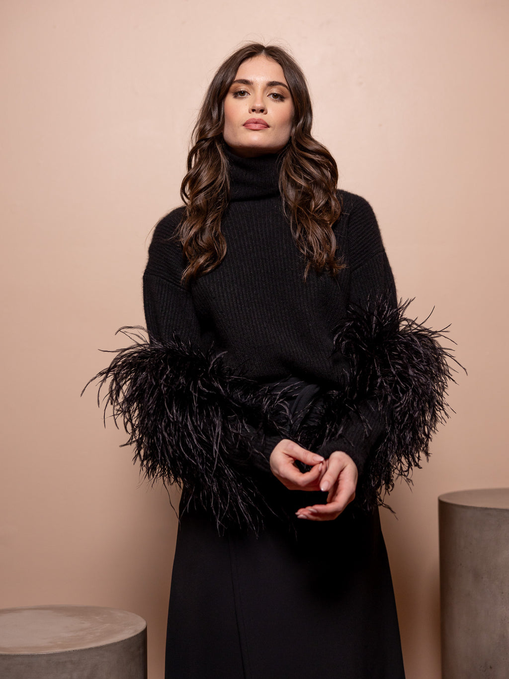 Cashmere Turtleneck with Ostrich Feathers