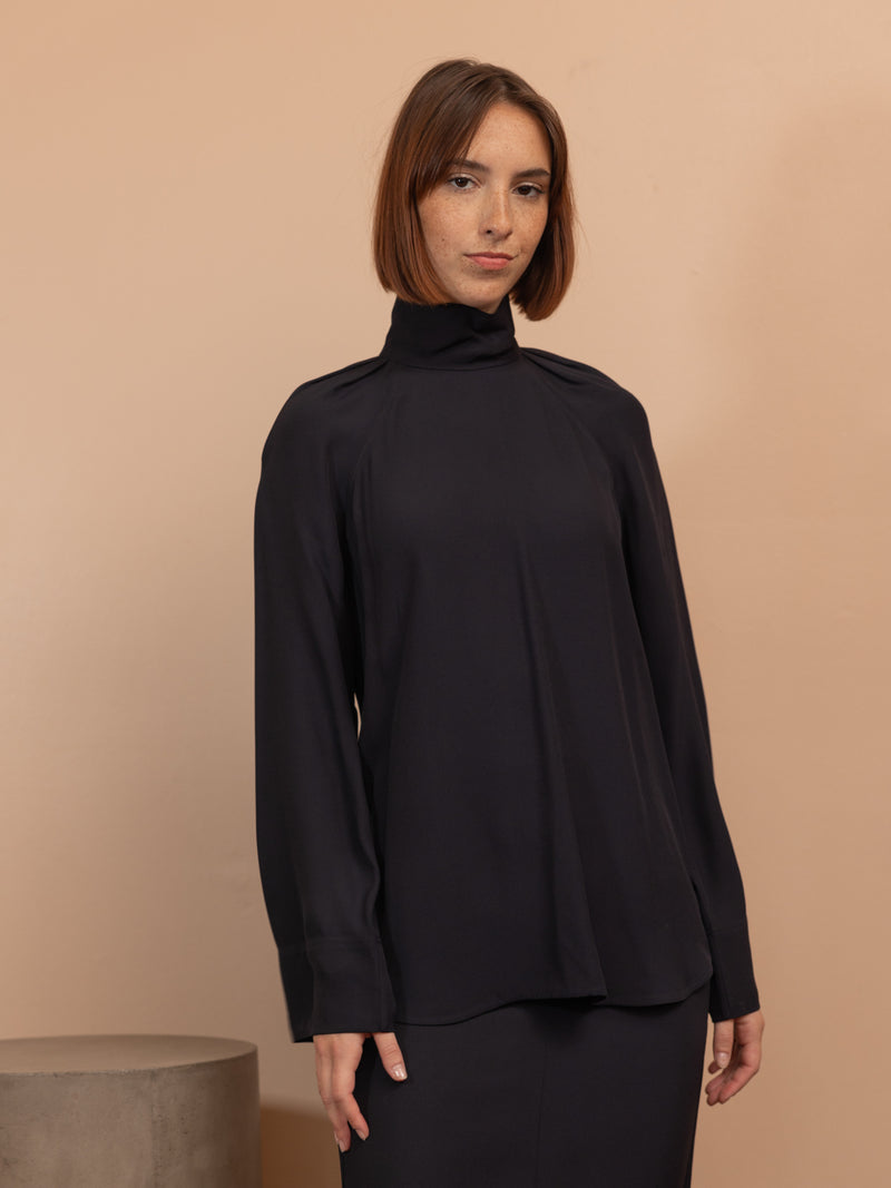 High Neck Crepe Blouse in Navy