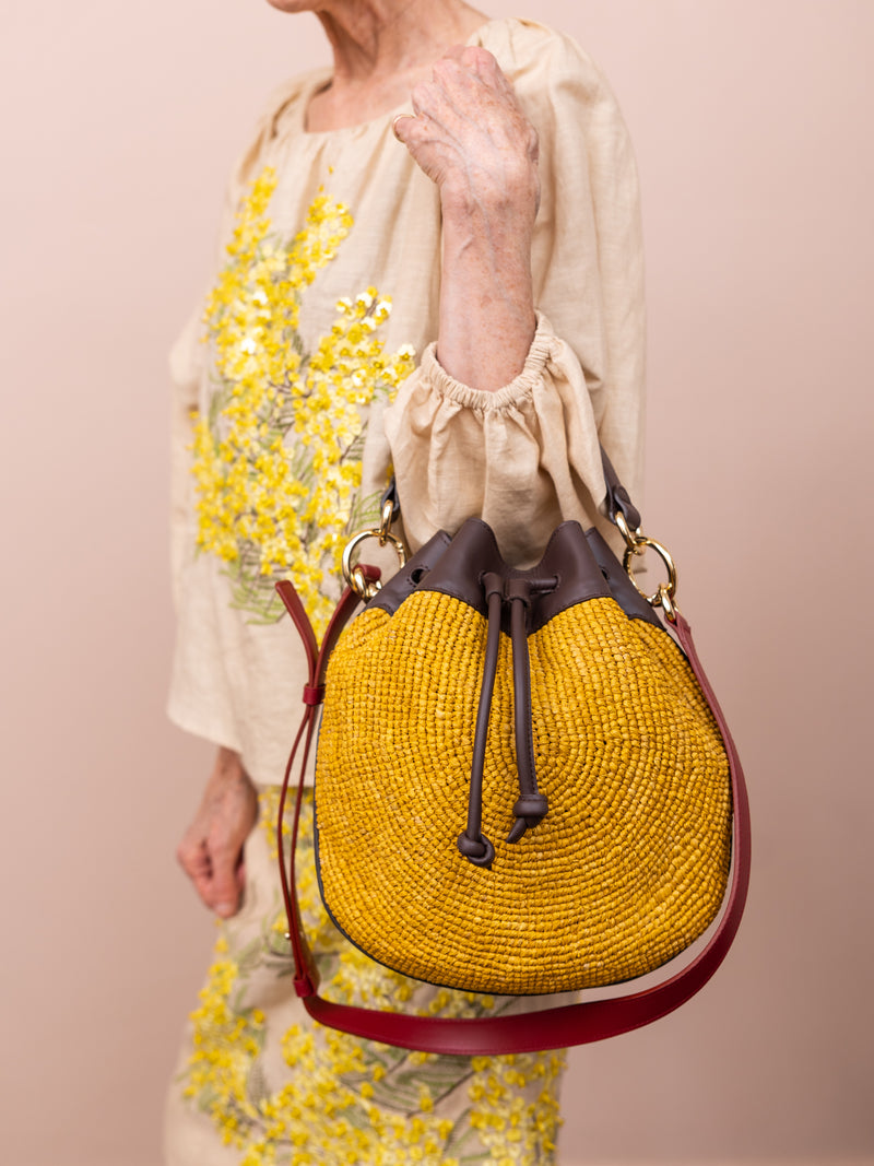 Color Blocked Pudding Bag in Yellow and Tan