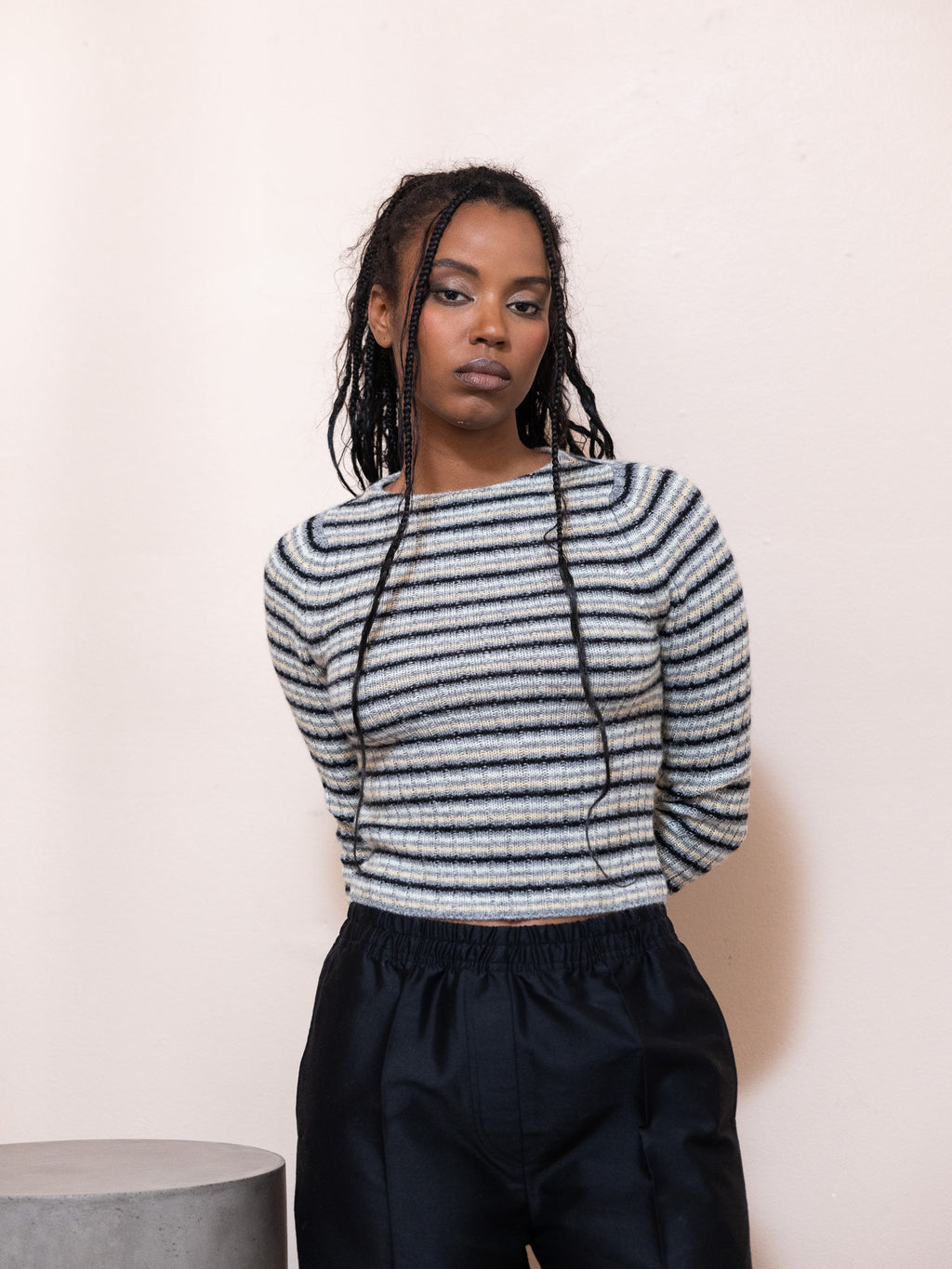 Rib Knit Boat Neck Top in Gray