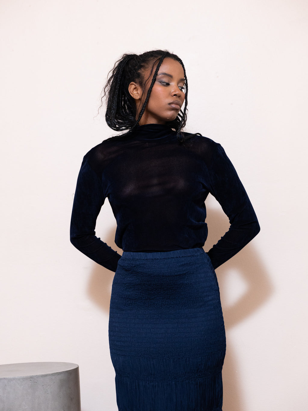 Sheer Rib Turtle Neck Tee in Black