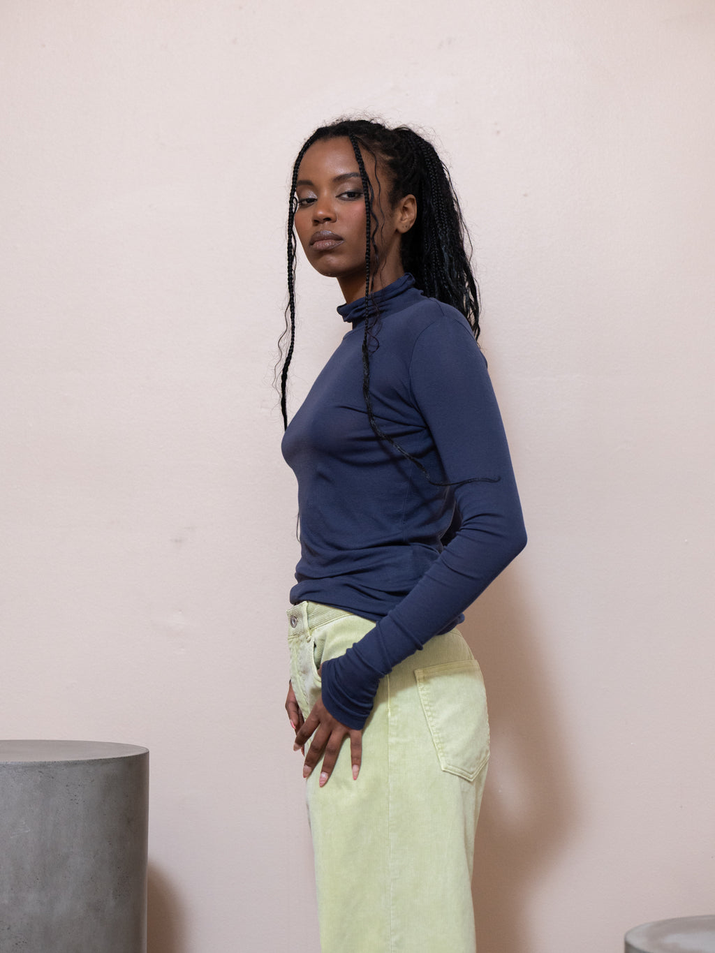 Sheer Rib Turtle Neck Tee in Navy