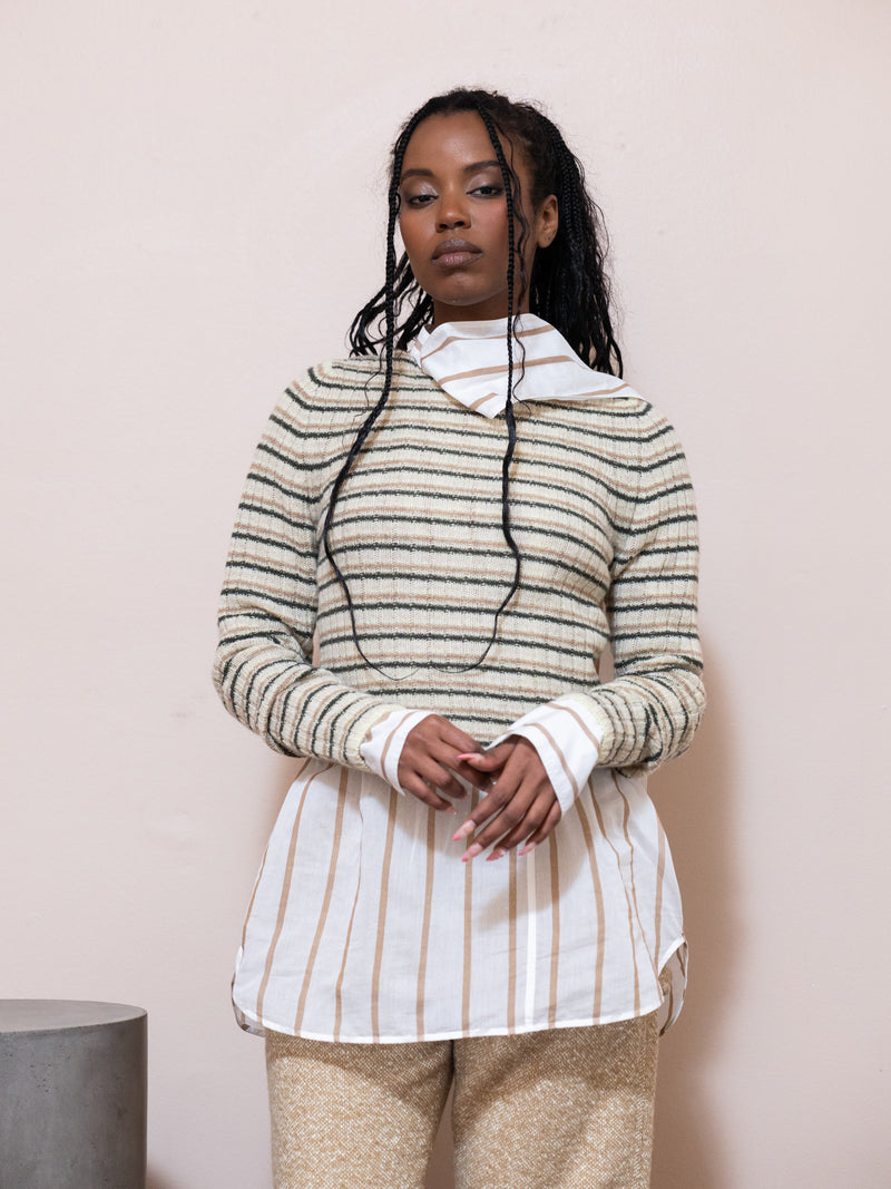 Rib Knit Boat Neck Top in Beige