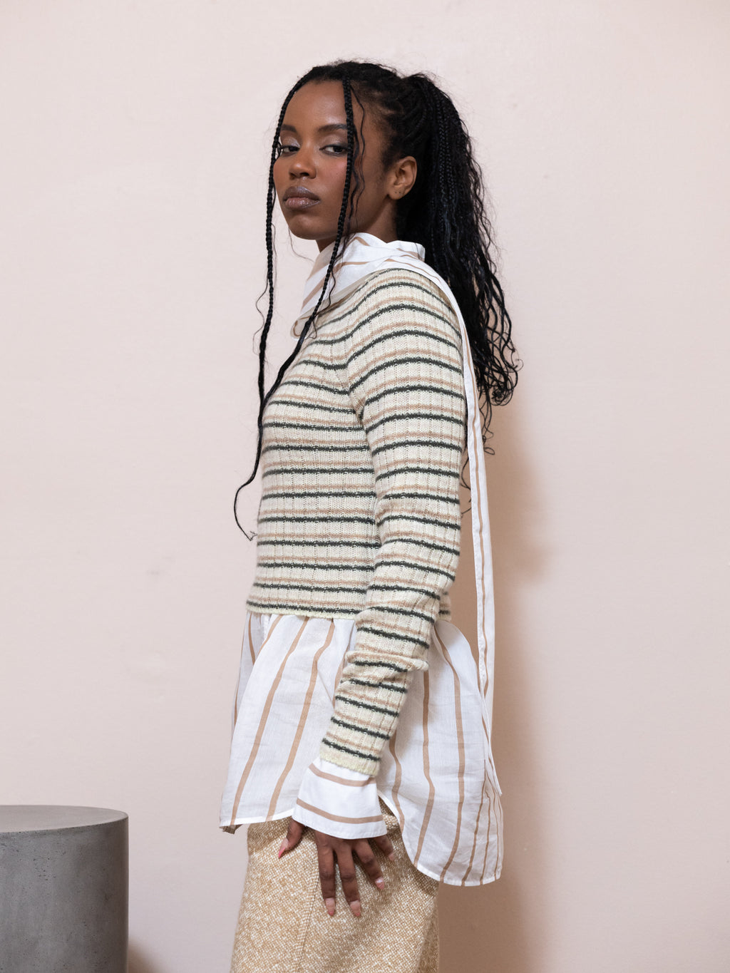 Rib Knit Boat Neck Top in Beige