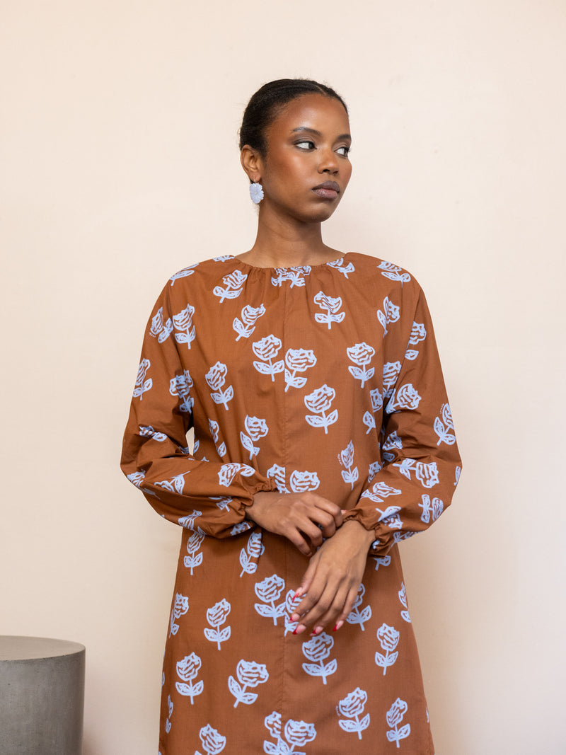Poplin Midi Dress with Sprayed Roses