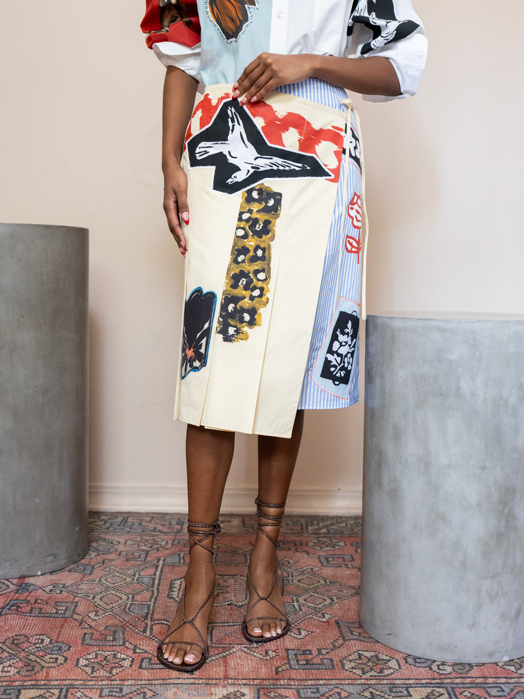 Mixed Media Pleated Wrap Skirt