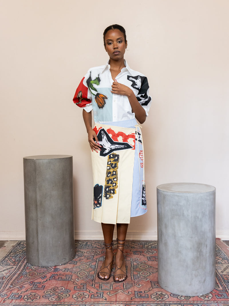 Mixed Media Pleated Wrap Skirt