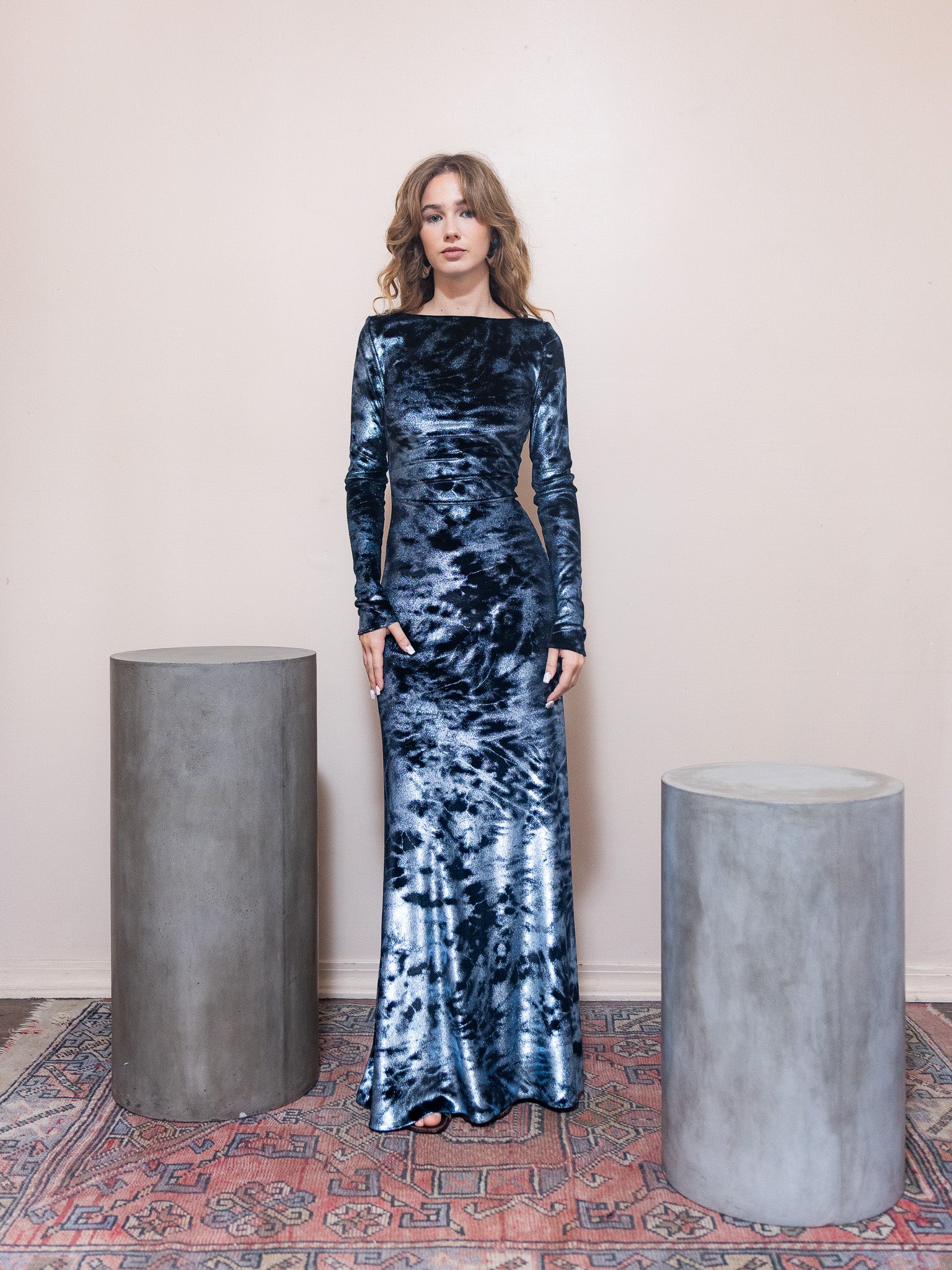 Foil Velour Boatneck Gown