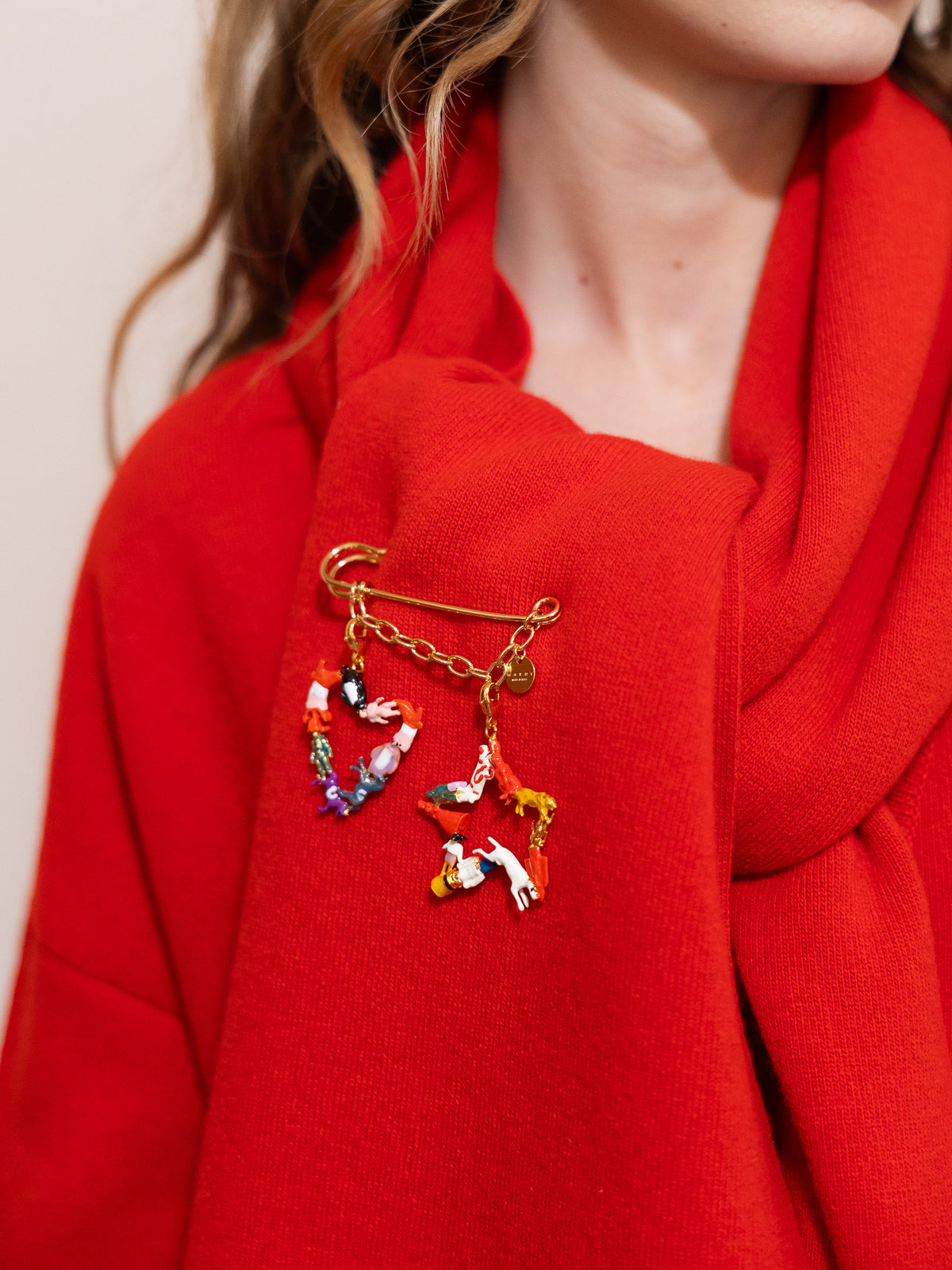 Person wearing a red coat with a colorful brooch featuring animals on a plain background