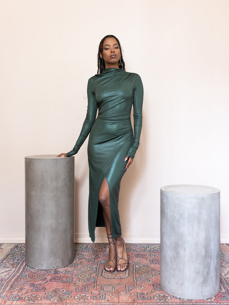 Coated Jersey Draped Dress