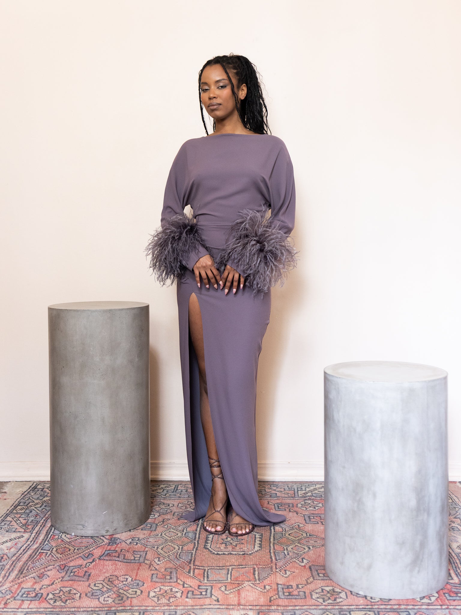 Off the Shoulder Gown with Feathers