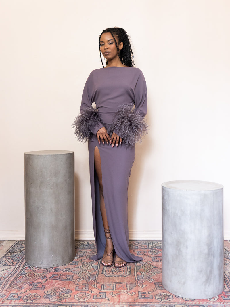 Off the Shoulder Gown with Feathers