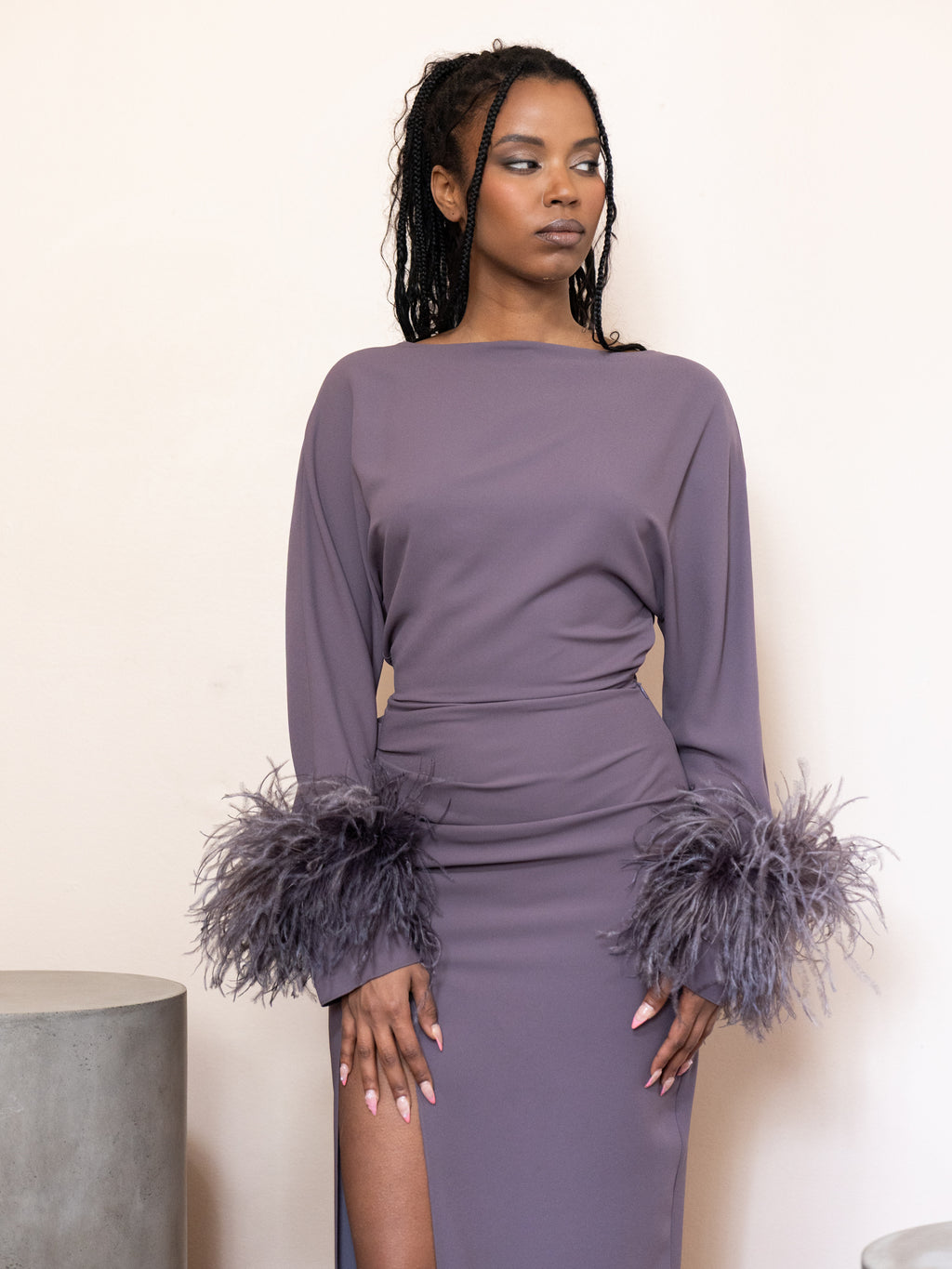 Off the Shoulder Gown with Feathers