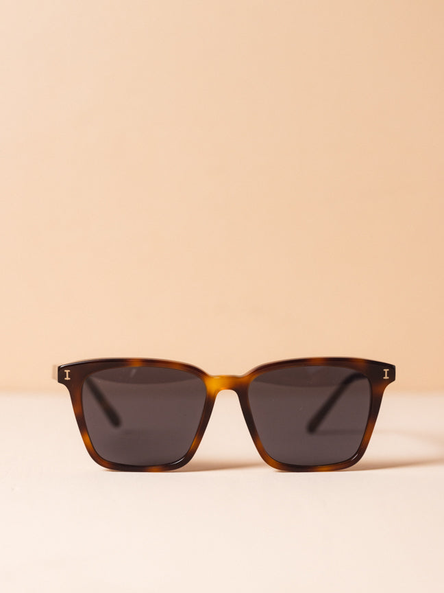 Illesteva sunglasses with square frames in a dark tortoiseshell and dark frames. Illesteva Asheville in Havana.
